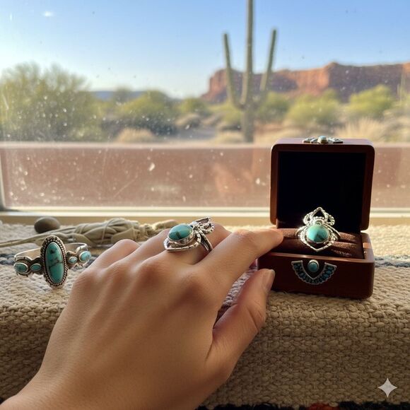 Round Turquoise Spider Boho Ring Sterling Silver Southwestern Sz 8 - Picture 3 of 7